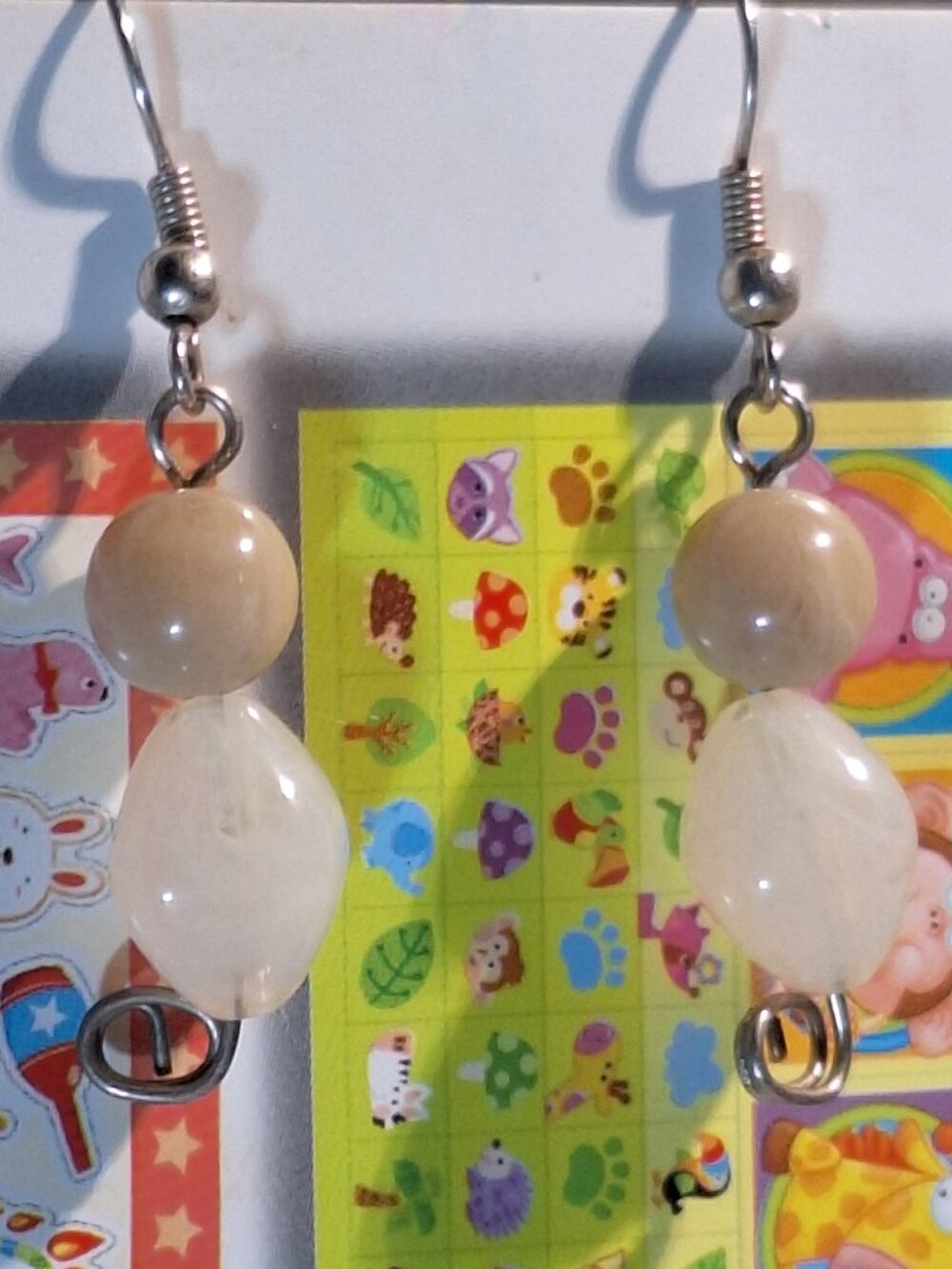 Tan and White Beaded Earrings Plastic One-of-a-Kind Sharon Dawn